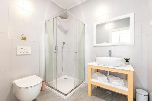 a bathroom with a shower and a toilet and a sink at Lucy in Omiš