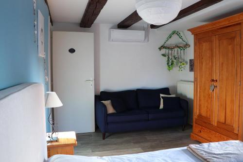 a living room with a blue couch in a room at Sous les toits du Zinc - Climatisé in Colmar