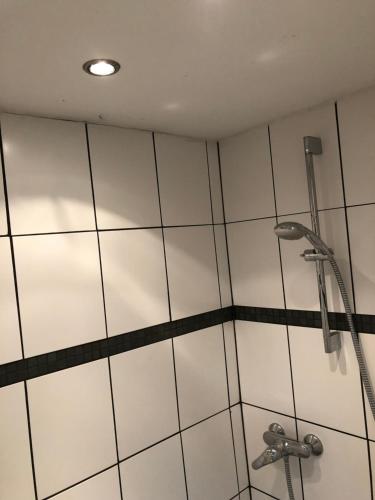 a shower with white tiles and a shower head at Your cozy hideaway Dome near Dresden in Frauendorf