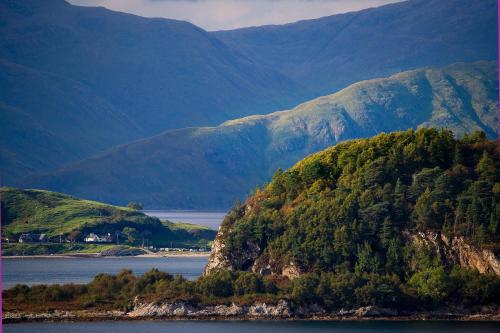 a mountain with trees on it next to a body of water at Isle of Eriska Hotel Spa & Island in Benderloch