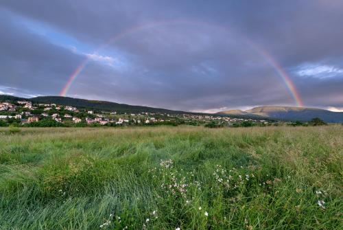 a rainbow in the sky over a field at Casa Elisa Apartments in Sarnonico