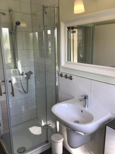 a bathroom with a sink and a glass shower at Haus Rheinsteig in Unkel