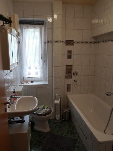 a bathroom with a tub and a toilet and a sink at Maisonette Geiseltal in Braunsbedra