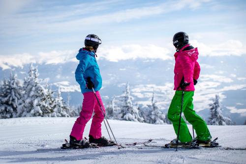 two people on skis standing on a snow covered slope at Hotel Gasthof zur Linde in Mariahof