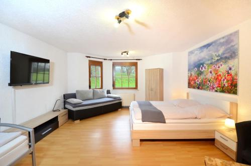 a bedroom with a bed and a couch and a tv at Apartment Strasbourg - Europapark / Wallaston in Offenburg