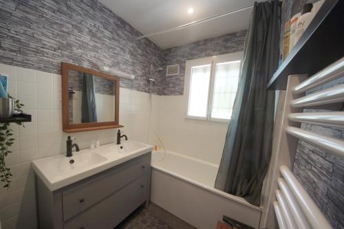 ein Badezimmer mit einem Waschbecken, einer Badewanne und einem Spiegel in der Unterkunft Chez Flo et Marc in Chouzy-sur-Cisse
