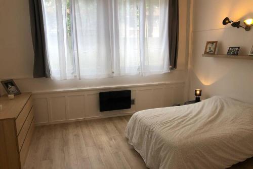 - une chambre avec un lit et une fenêtre avec une télévision dans l'établissement joli 2 pieces en centre ville , gare à 50 mètres, à Grenoble