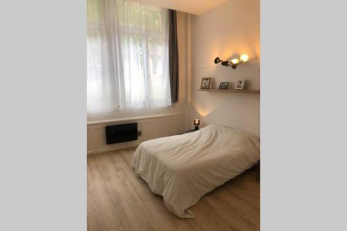 une chambre avec un lit blanc et une fenêtre dans l'établissement joli 2 pieces en centre ville , gare à 50 mètres, à Grenoble