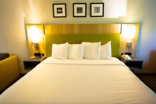 ein Hotelzimmer mit einem großen Bett mit weißen Kissen in der Unterkunft Country Inn & Suites by Radisson, Burlington Elon , NC in Burlington