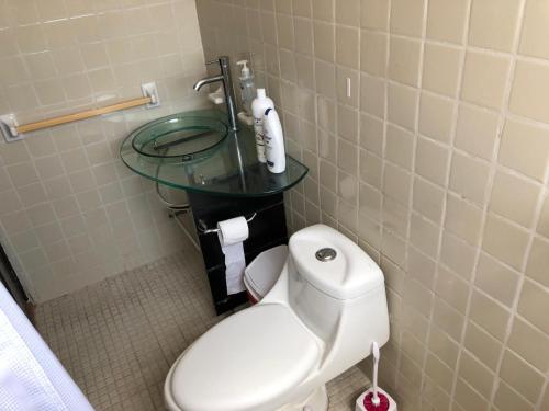 a bathroom with a toilet and a glass sink at Caravansaro Penthouse Polanco in Mexico City