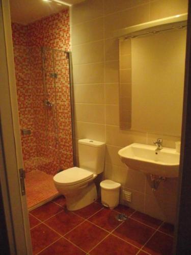 a bathroom with a toilet and a sink and a shower at "A Casa dos Avôs" Suites & Breakfast in Lagos