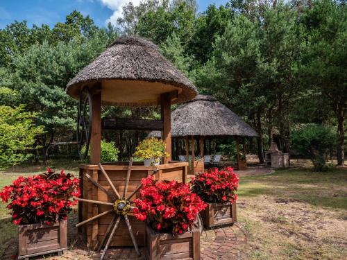 a gazebo with red flowers in front of it at Zielony zakątek Tomasz Laskowski in Ładzin