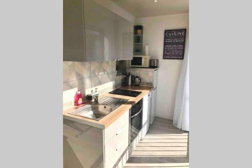 une petite cuisine avec un évier et une cuisinière dans l'établissement Studio cosy 30 m2 climatisé au centre ville de LGM, à La Grande Motte