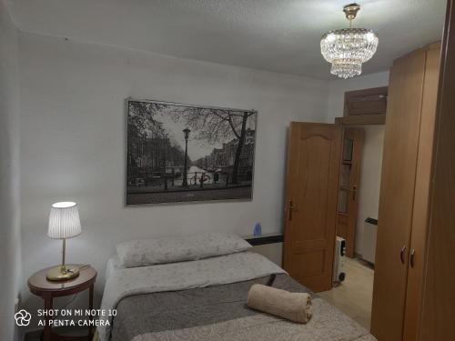 1 dormitorio con 2 camas individuales y lámpara de araña en Alojamiento LT, en Madrid