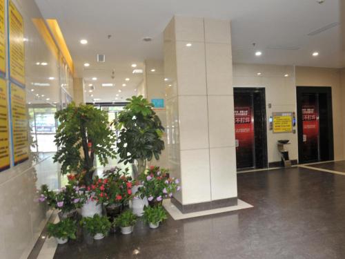 a lobby with many potted plants in a building at 7Days Premium Chenzhou Xinglong Pedestrian Street Branch in Chenzhou