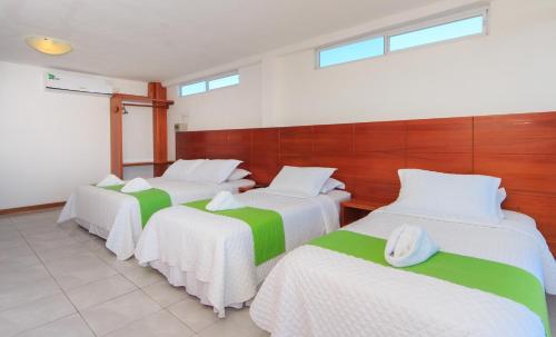 a room with three beds with white and green sheets at Hotel La Casa de Judy in Puerto Ayora