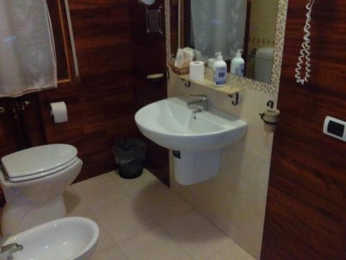 a bathroom with a white sink and a toilet at Hotel Cigno Reale in Rolo