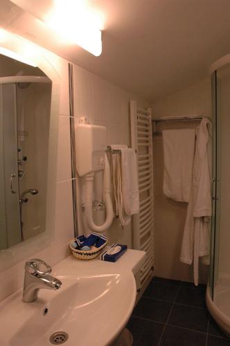 a bathroom with a sink and a shower and a mirror at Hotel President garni in Zlatibor