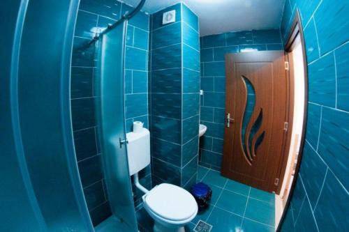 La salle de bains est pourvue de carrelage bleu, de toilettes et d'un miroir. dans l'établissement Perla Apusenilor, à Albac