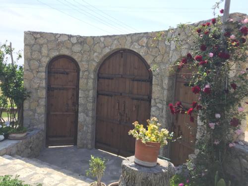 two wooden doors in a stone building with flowers at Beso Patara in Patara