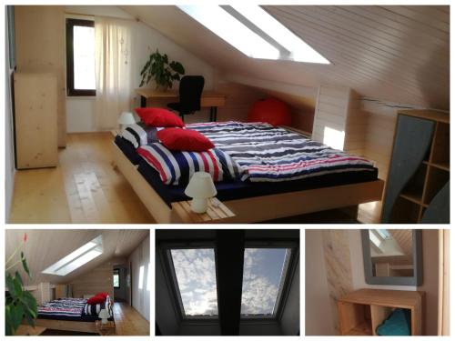 a bedroom with a bed and a room with a window at Apartment Fon in Blejska Dobrava