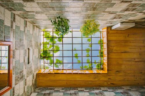 a room with a window with plants in it at Hang Mua Nature Homestay in Ninh Binh