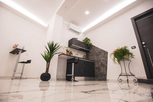 a white room with a fireplace and plants in it at Elly's B&B in Portici