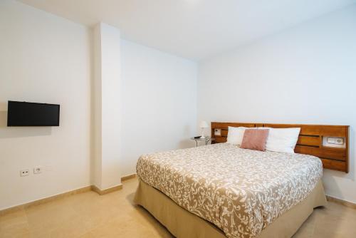 1 dormitorio con 1 cama y TV de pantalla plana en Hostly Lagar Center-Fibre-Parking optional-CLess en Sevilla