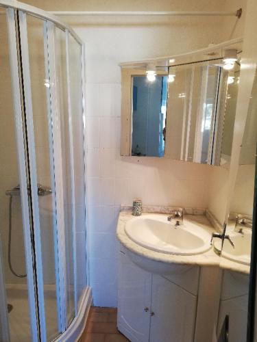 une salle de bain avec un lavabo et une douche dans l'établissement Studio , proche plages,classé 3 étoiles, à Balaruc-les-Bains