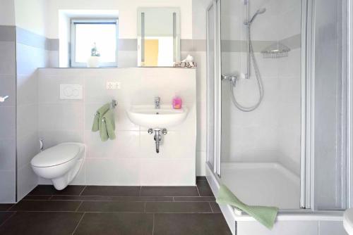 a bathroom with a sink and a toilet and a shower at Hotel und Restaurant Rittergut Kreipitzsch in Naumburg