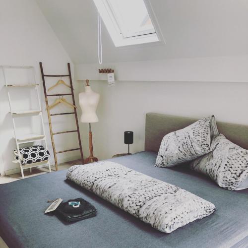 a bedroom with a bed with a pillow on it at LUXE TOPLOCATIE! Monument hartje centrum Dordrecht, 2 badkamers, 2 keukens, tuintje (10 personen) in Dordrecht