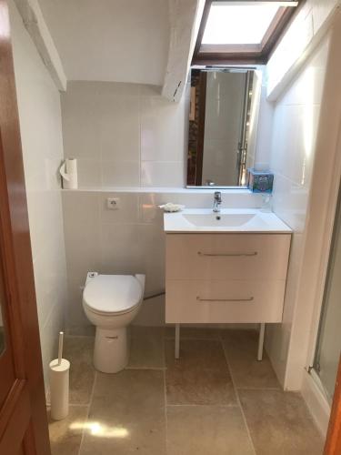 une salle de bain avec toilettes, lavabo et miroir dans l'établissement Chambres d'hôtes GELA ITSASOA Baie, à Ciboure