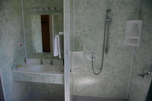 a bathroom with a sink and a shower at Classic Motel in Hamilton