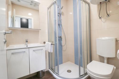 a bathroom with a shower and a toilet and a sink at Dida Boža House in Vodice