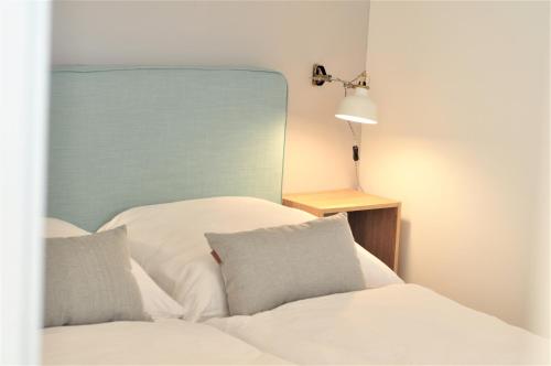 Bett mit blauem Kopfteil und weißen Kissen in der Unterkunft 2minBikepark&Ski - Loft Lotte - bikes lockable in Winterberg