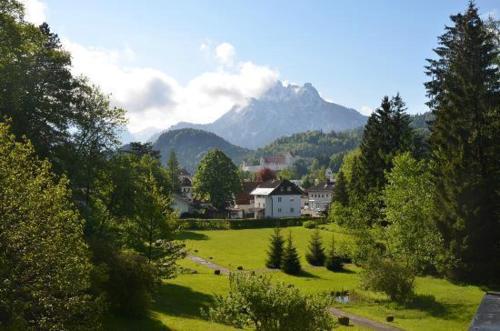 un champ verdoyant avec une maison et une montagne dans l'établissement Boutique Family House LA, à Füssen