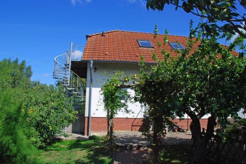 una casa con una escalera en el lateral de ella en Ferienwohnung Familie Schoenemann, en Patzig