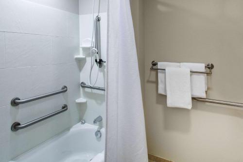 ein Badezimmer mit einer Dusche, einer Badewanne und Handtüchern in der Unterkunft Hyatt House Raleigh Durham Airport in Morrisville