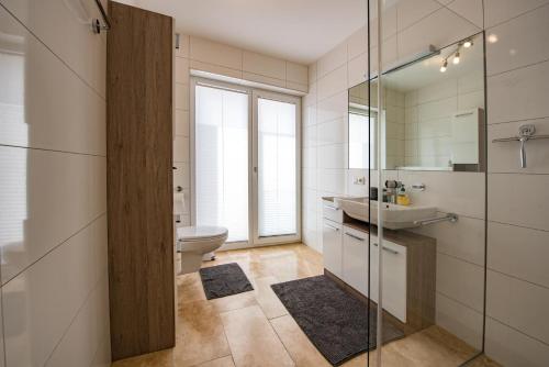 a bathroom with a toilet and a sink and a shower at Ferienwohnungen Ebenzweier in Altmünster