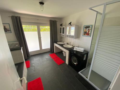 ein Badezimmer mit einer Waschmaschine und einem Waschbecken in der Unterkunft Café Pfaus Heidburg in Mühlenbach