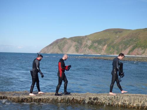 three people in wet suits walking on a rock in the water at Highfield House, Parracombe, Modern B&B in Parracombe