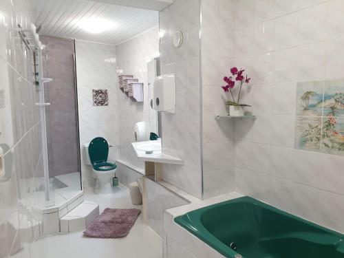 Gîte MARIUS في Druillat: حمام مع حوض استحمام أخضر ودش