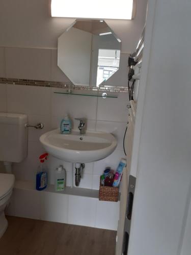 ein Badezimmer mit einem Waschbecken, einem WC und einem Spiegel in der Unterkunft Ferienwohnung Busdorf in Busdorf