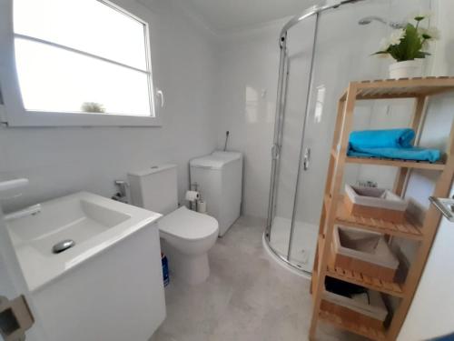 un bagno con wc, doccia e lavandino di Apartamento Tropicana a Denia