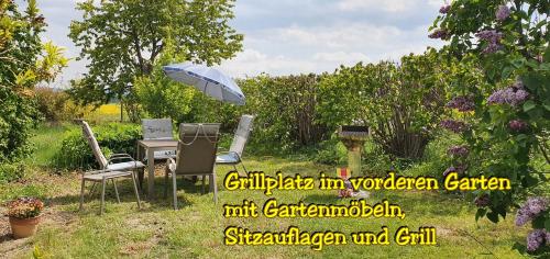 a table and chairs with an umbrella in a garden at Landhaus "Kühler Morgen", Komfortable 65 qm FeWo mit gehobener Ausstattung, Garten, baby- und kindgerecht in Saalburg-Ebersdorf