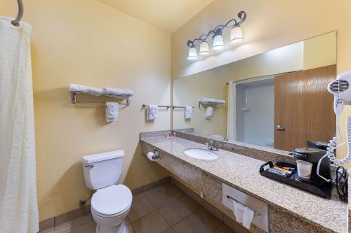 a bathroom with a toilet and a sink and a mirror at Econo Lodge Inn & Suites Bridgeport in Bridgeport