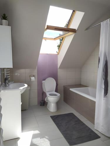 a bathroom with a toilet and a bath tub and a window at #MazuryLove in Giżycko