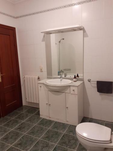 uma casa de banho com um lavatório branco e um WC. em Casa Centro em San Sebastián