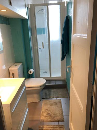 une salle de bain avec toilettes et douche en verre dans l'établissement Monfs Apparts Clermont-Ferrand, pres de toute commodites, à Clermont-Ferrand