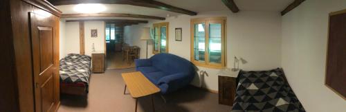 a living room with a blue chair and a table at Bühl 3 in Affoltern